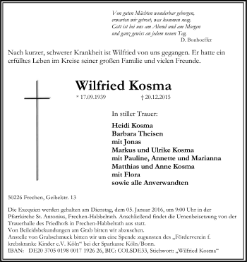 Anzeige von Wilfried Kosma von Kölner Stadt-Anzeiger / Kölnische Rundschau / Express