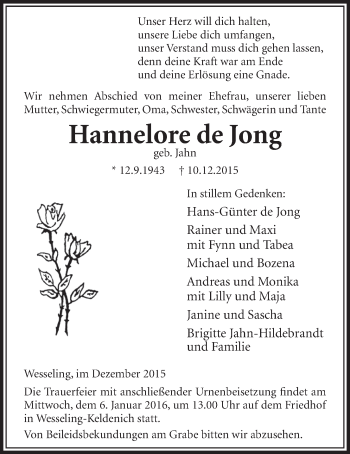 Anzeige von Hannelore de Jong von  Schlossbote/Werbekurier 