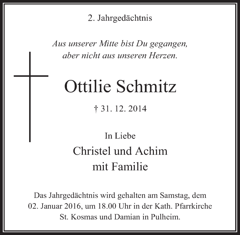  Traueranzeige für Ottilie Schmitz vom 23.12.2015 aus  Wochenende 