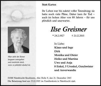 Anzeige von Ilse Greisner von Kölner Stadt-Anzeiger / Kölnische Rundschau / Express