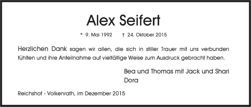  Traueranzeige für Alex Seifert vom 23.12.2015 aus  Anzeigen Echo 