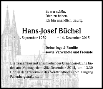 Anzeige von Hans-Josef Büchel von Kölner Stadt-Anzeiger / Kölnische Rundschau / Express