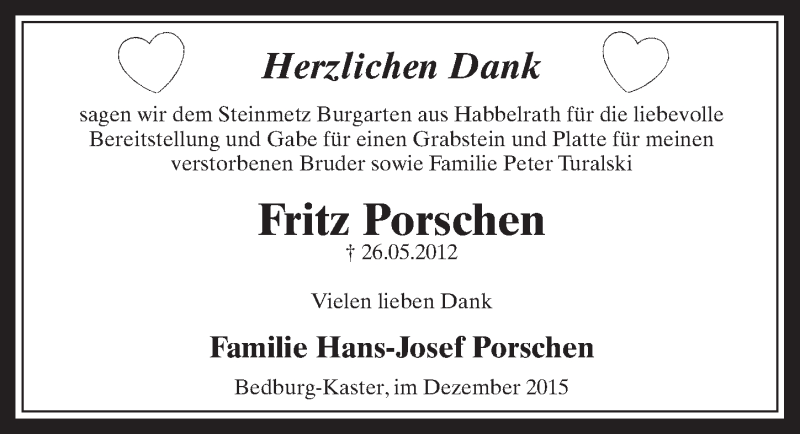  Traueranzeige für Fritz Porschen vom 19.12.2015 aus  Sonntags-Post 