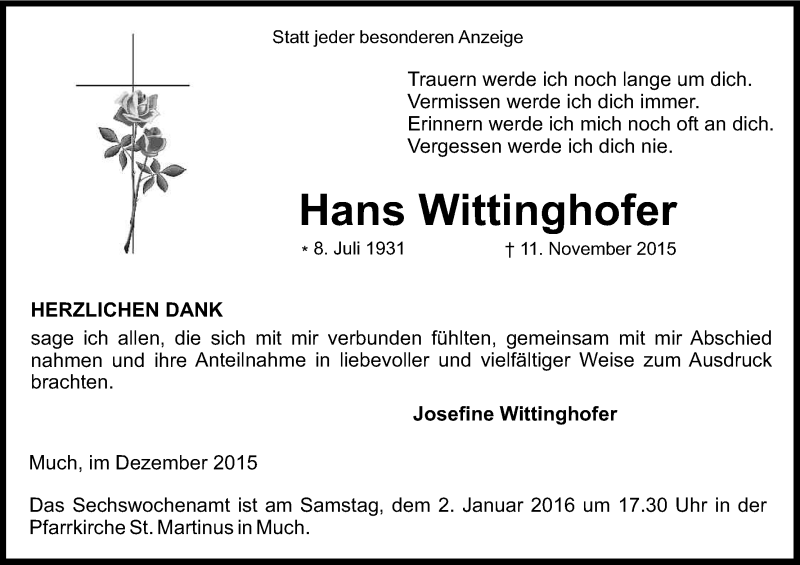  Traueranzeige für Hans Wittinghofer vom 19.12.2015 aus Kölner Stadt-Anzeiger / Kölnische Rundschau / Express