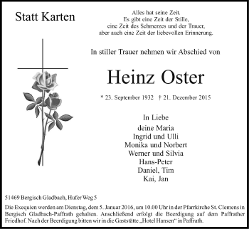Anzeige von Heinz Oster von Kölner Stadt-Anzeiger / Kölnische Rundschau / Express