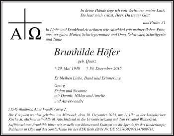 Anzeige von Brunhilde Höfer von  Lokalanzeiger 