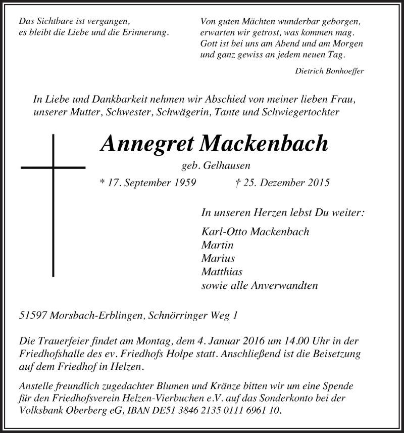  Traueranzeige für Annegret Mackenbach vom 30.12.2015 aus  Lokalanzeiger 