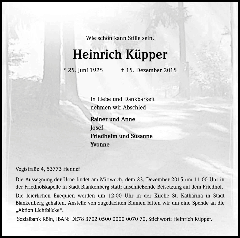 Traueranzeige für Heinrich Küpper vom 19.12.2015 aus Kölner Stadt-Anzeiger / Kölnische Rundschau / Express