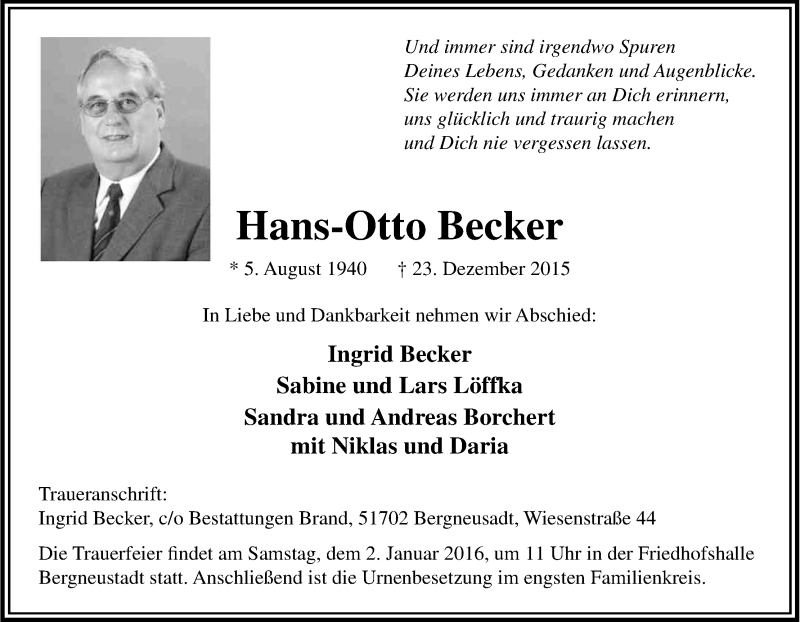  Traueranzeige für Hans-Otto Becker vom 30.12.2015 aus Kölner Stadt-Anzeiger / Kölnische Rundschau / Express