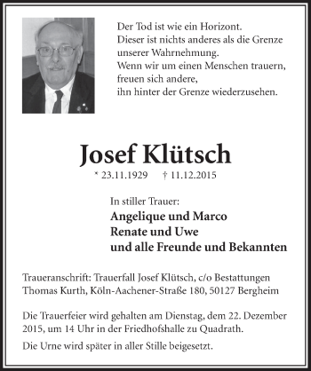 Anzeige von Josef Klütsch von  Sonntags-Post 