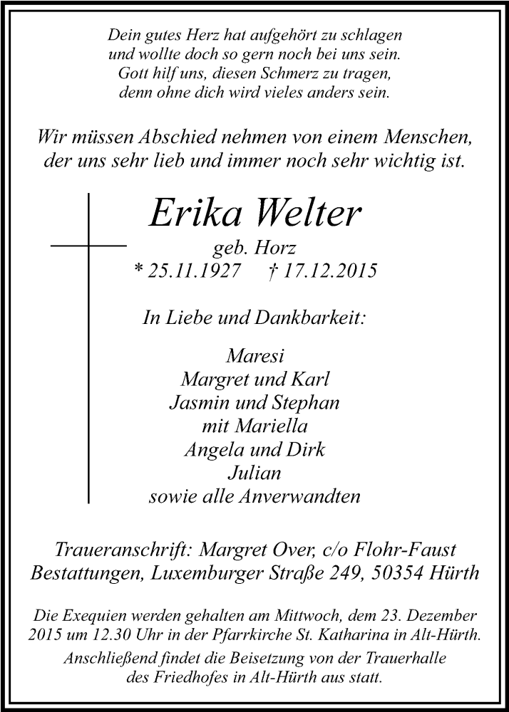  Traueranzeige für Erika Welter vom 21.12.2015 aus Kölner Stadt-Anzeiger / Kölnische Rundschau / Express