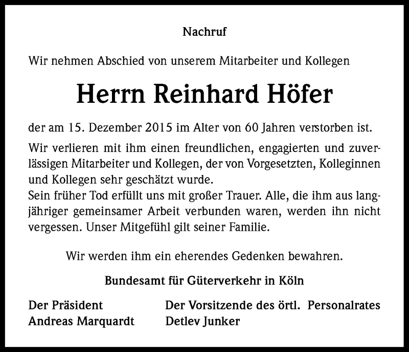  Traueranzeige für Reinhard Höfer vom 24.12.2015 aus Kölner Stadt-Anzeiger / Kölnische Rundschau / Express