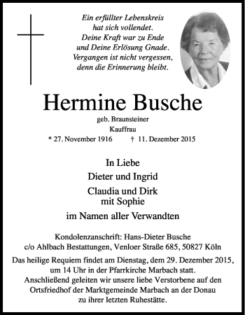 Anzeige von Hermine Busche von Kölner Stadt-Anzeiger / Kölnische Rundschau / Express