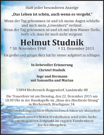 Anzeige von Helmut Studnik von  Blickpunkt Euskirchen 