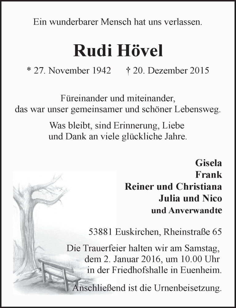  Traueranzeige für Rudi Hövel vom 27.12.2015 aus  Blickpunkt Euskirchen 