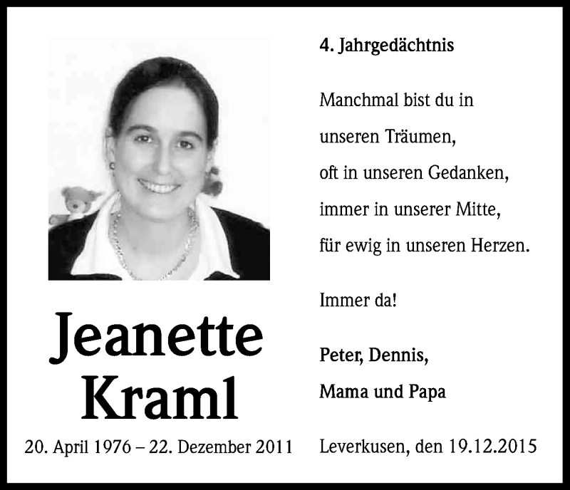  Traueranzeige für Jeanette Kraml vom 19.12.2015 aus Kölner Stadt-Anzeiger / Kölnische Rundschau / Express