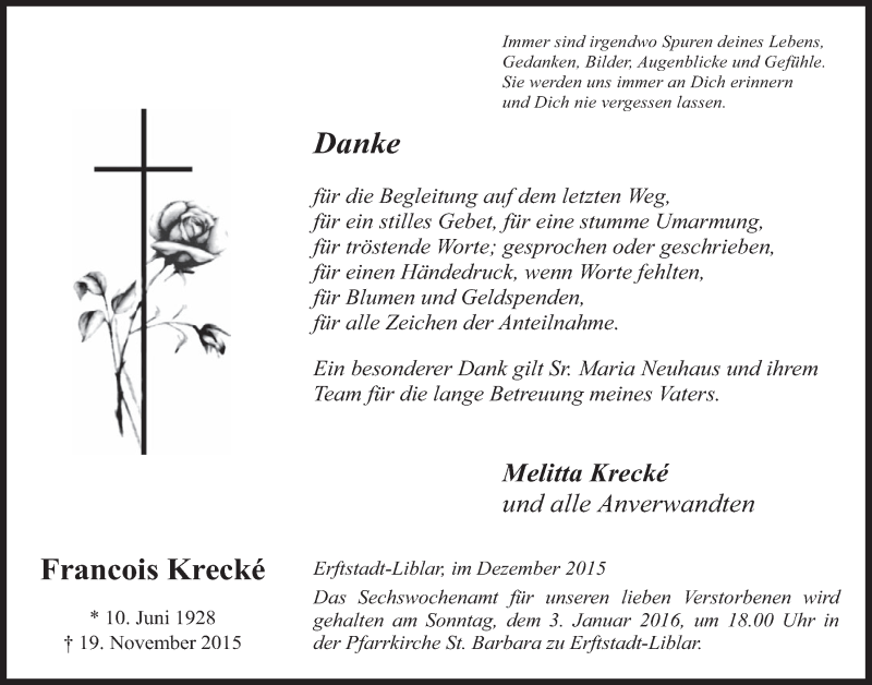  Traueranzeige für Francois Krecké vom 30.12.2015 aus  Werbepost 