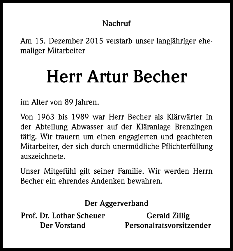  Traueranzeige für Artur Becher vom 19.12.2015 aus Kölner Stadt-Anzeiger / Kölnische Rundschau / Express