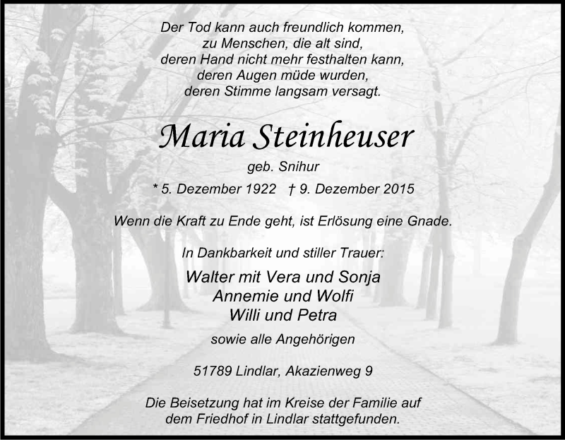  Traueranzeige für Maria Steinheuser vom 19.12.2015 aus Kölner Stadt-Anzeiger / Kölnische Rundschau / Express