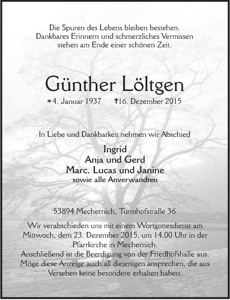  Traueranzeige für Günther Löltgen vom 20.12.2015 aus  Blickpunkt Euskirchen 