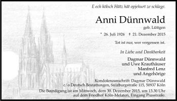 Anzeige von Anni Dünnwald von Kölner Stadt-Anzeiger / Kölnische Rundschau / Express