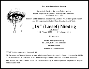 Anzeige von Liesel Niedrig von Kölner Stadt-Anzeiger / Kölnische Rundschau / Express