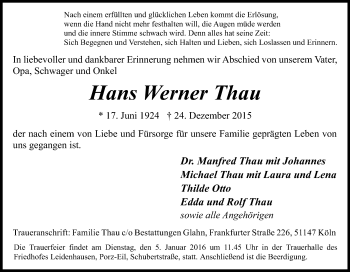 Anzeige von Hans Werner Thau von Kölner Stadt-Anzeiger / Kölnische Rundschau / Express