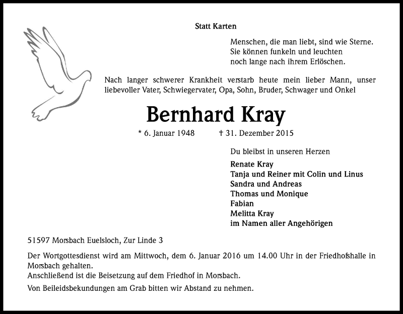 Traueranzeige für Bernhard Kray vom 05.01.2016 aus Kölner Stadt-Anzeiger / Kölnische Rundschau / Express