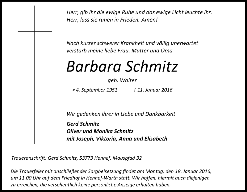  Traueranzeige für Barbara Schmitz vom 14.01.2016 aus Kölner Stadt-Anzeiger / Kölnische Rundschau / Express