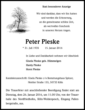 Anzeige von Peter Pleske von Kölner Stadt-Anzeiger / Kölnische Rundschau / Express