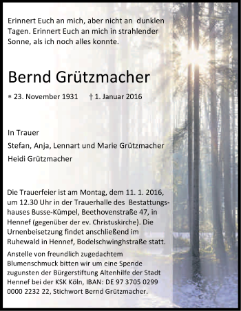 Anzeige von Bernhard Grützmacher von Kölner Stadt-Anzeiger / Kölnische Rundschau / Express