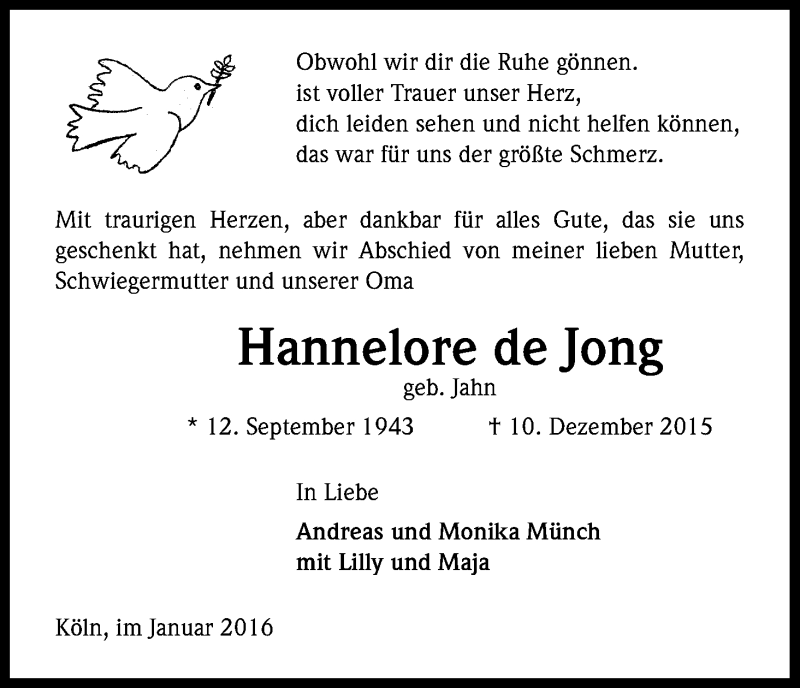  Traueranzeige für Hannelore de Jong vom 02.01.2016 aus Kölner Stadt-Anzeiger / Kölnische Rundschau / Express