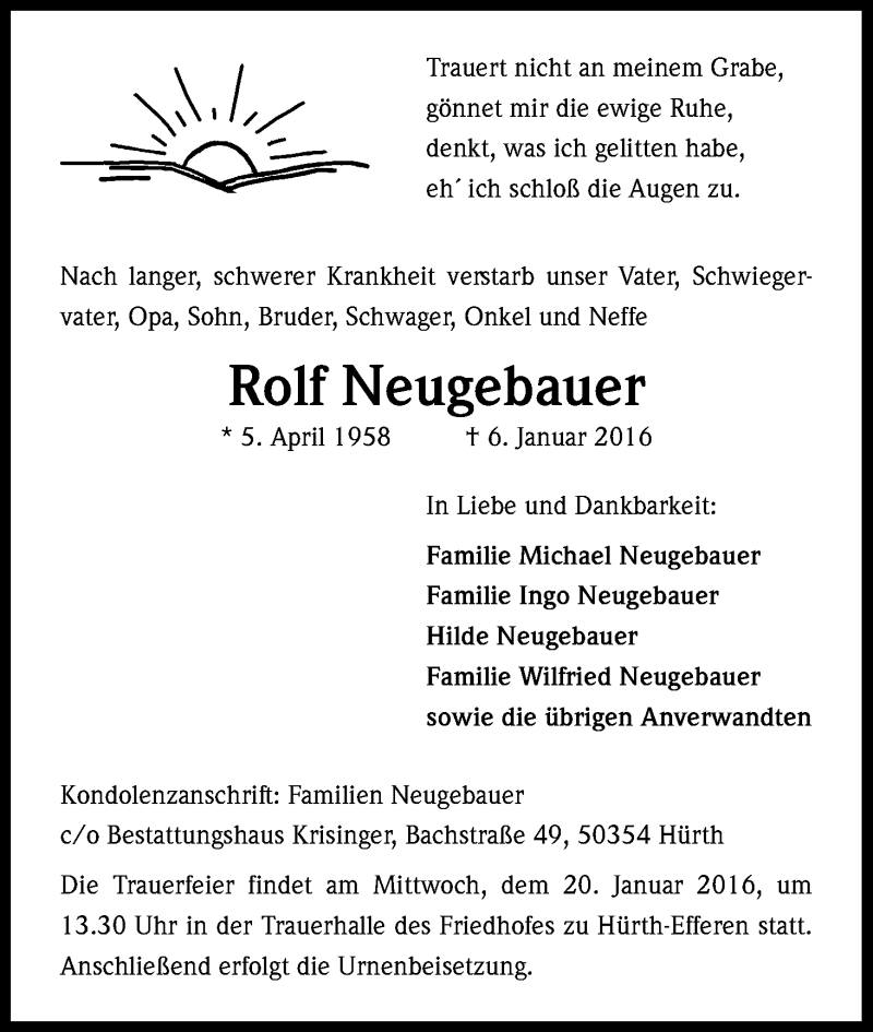  Traueranzeige für Rolf Neugebauer vom 16.01.2016 aus Kölner Stadt-Anzeiger / Kölnische Rundschau / Express