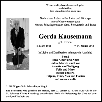 Anzeige von Gerda Kausemann von Kölner Stadt-Anzeiger / Kölnische Rundschau / Express