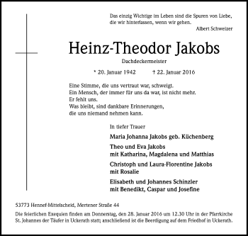Anzeige von Heinz-Theodor Jakobs von Kölner Stadt-Anzeiger / Kölnische Rundschau / Express