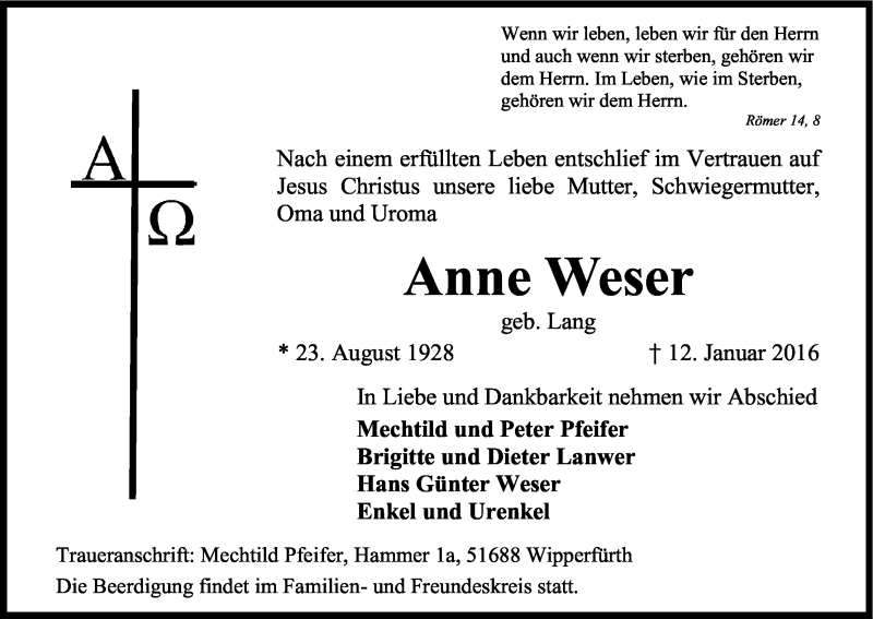  Traueranzeige für Anne Weser vom 16.01.2016 aus Kölner Stadt-Anzeiger / Kölnische Rundschau / Express