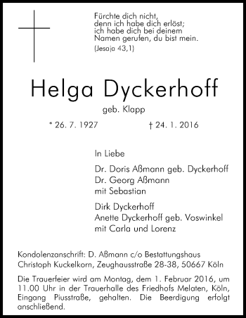 Anzeige von Helga Dyckerhoff von Kölner Stadt-Anzeiger / Kölnische Rundschau / Express