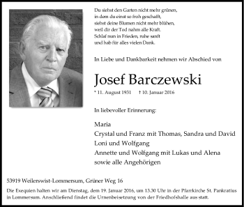 Anzeige von Josef Barczewski von Kölner Stadt-Anzeiger / Kölnische Rundschau / Express