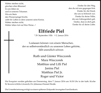 Anzeige von Elfriede Piel von Kölner Stadt-Anzeiger / Kölnische Rundschau / Express