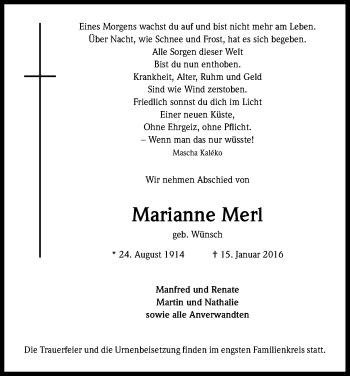 Anzeige von Marianne Merl von Kölner Stadt-Anzeiger / Kölnische Rundschau / Express