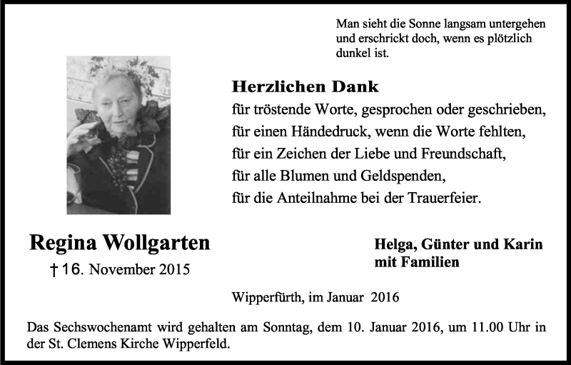  Traueranzeige für Regina Wollgarten vom 02.01.2016 aus Kölner Stadt-Anzeiger / Kölnische Rundschau / Express