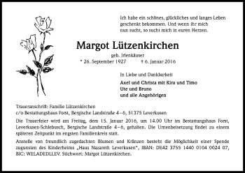 Anzeige von Margot Lützenkirchen von Kölner Stadt-Anzeiger / Kölnische Rundschau / Express
