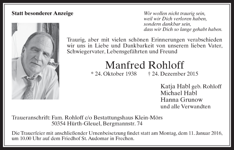  Traueranzeige für Manfred Rohloff vom 06.01.2016 aus  Wochenende 