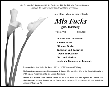 Anzeige von Mia Fuchs von  Anzeigen Echo  Lokalanzeiger 