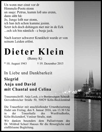 Anzeige von Dieter Klein von Kölner Stadt-Anzeiger / Kölnische Rundschau / Express