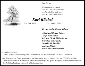Anzeige von Karl Büchel von Kölner Stadt-Anzeiger / Kölnische Rundschau / Express