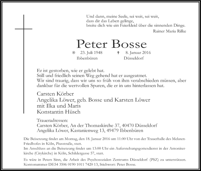  Traueranzeige für Peter Bosse vom 15.01.2016 aus Kölner Stadt-Anzeiger / Kölnische Rundschau / Express
