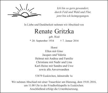 Anzeige von Renate Gritzka von  Blickpunkt Euskirchen 
