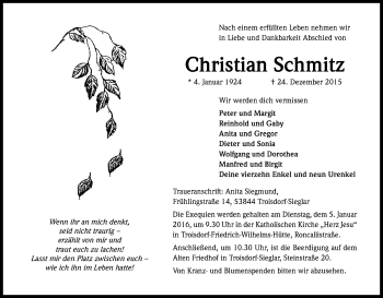 Anzeige von Christian Schmitz von Kölner Stadt-Anzeiger / Kölnische Rundschau / Express
