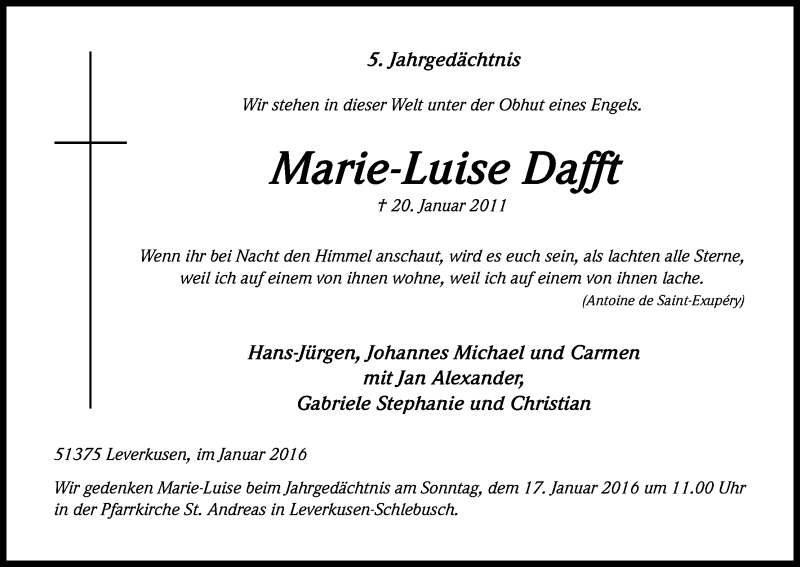  Traueranzeige für Marie-Luise Dafft vom 16.01.2016 aus Kölner Stadt-Anzeiger / Kölnische Rundschau / Express
